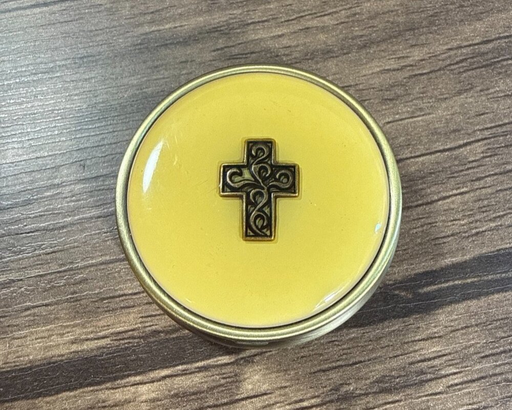 Pill Box Gold Brass Tone with Cross Round Metal Hinged Travel Case with Divider